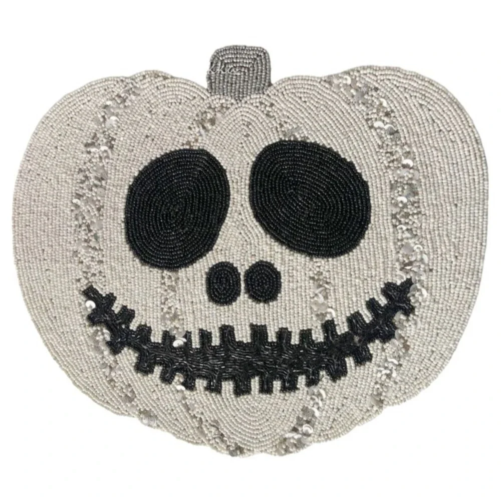 Christian Siriano Halloween Beaded Placemats Set of 4 Skeleton Jack O Lantern
